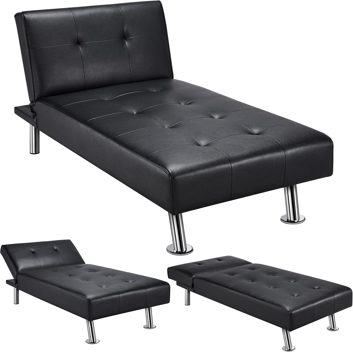 Faux Leather Sofa Bed Sleeper Convertible Futon Sofa Modern Recliner Couch Daybed with Chrome Metal Legs for Living Room Black