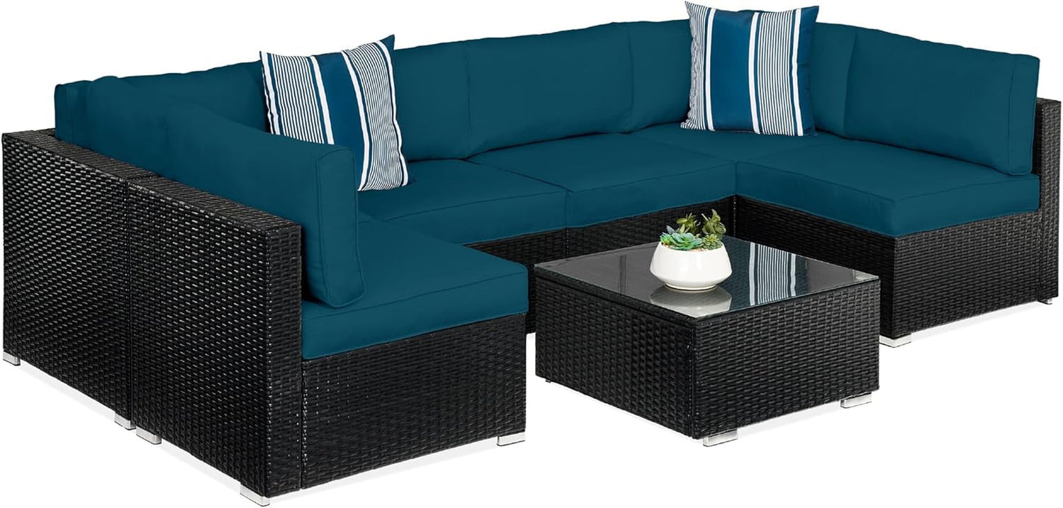 7-Piece Modular Outdoor Sectional Wicker Patio Conversation Set W/ 2 Pillows, Coffee Table, Cover Included - Gray/Navy