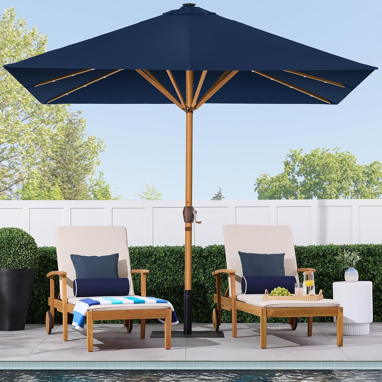 9Ft Deep Square Solar Powered LED Lighted Patio Umbrella W/Faux Wood Texture, Uv-Resistant Fabric, Hand Crank