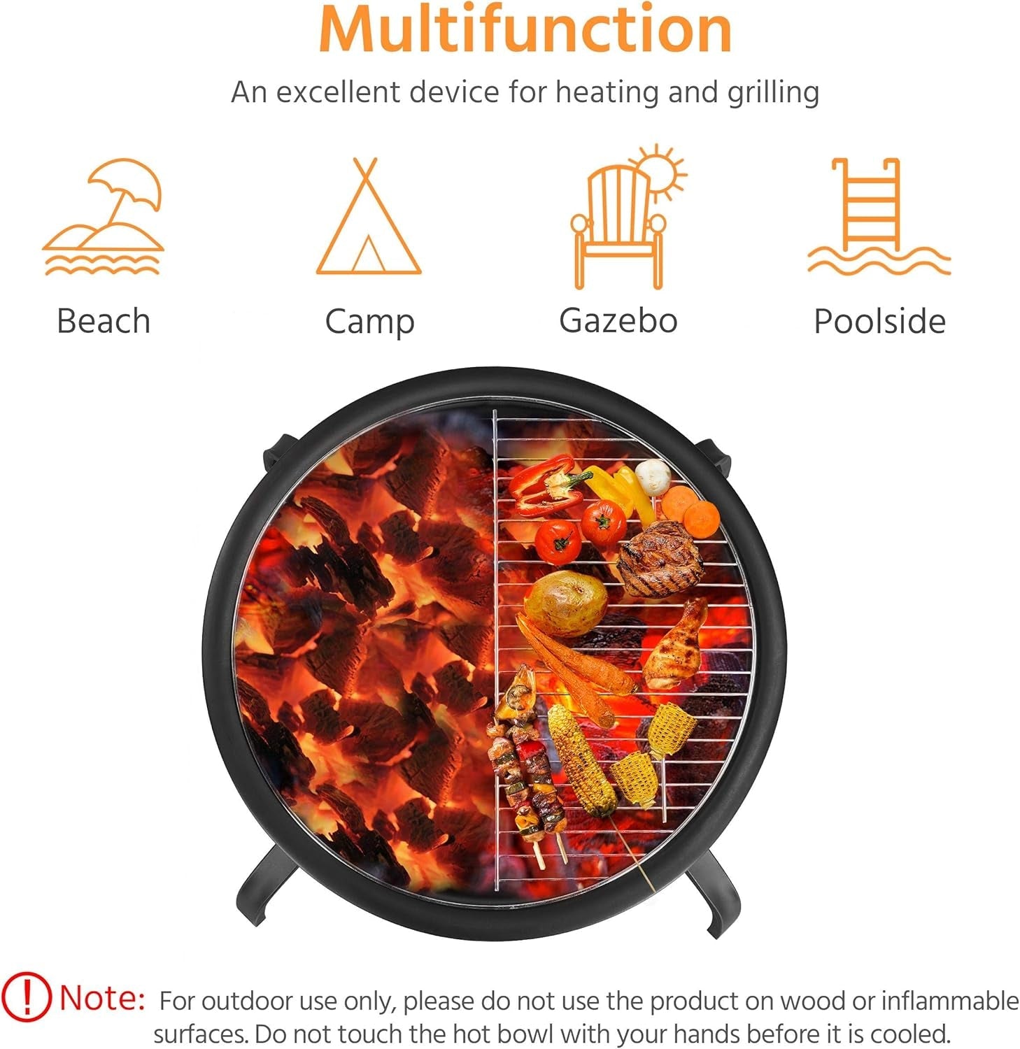 Fire Pit 22In Folding Firepits BBQ Fireplace with Steel Grill, Cooking Grate and Poker for Outdoor Camping &amp; Bonfire