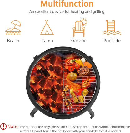 Fire Pit 22In Folding Firepits BBQ Fireplace with Steel Grill, Cooking Grate and Poker for Outdoor Camping &amp; Bonfire