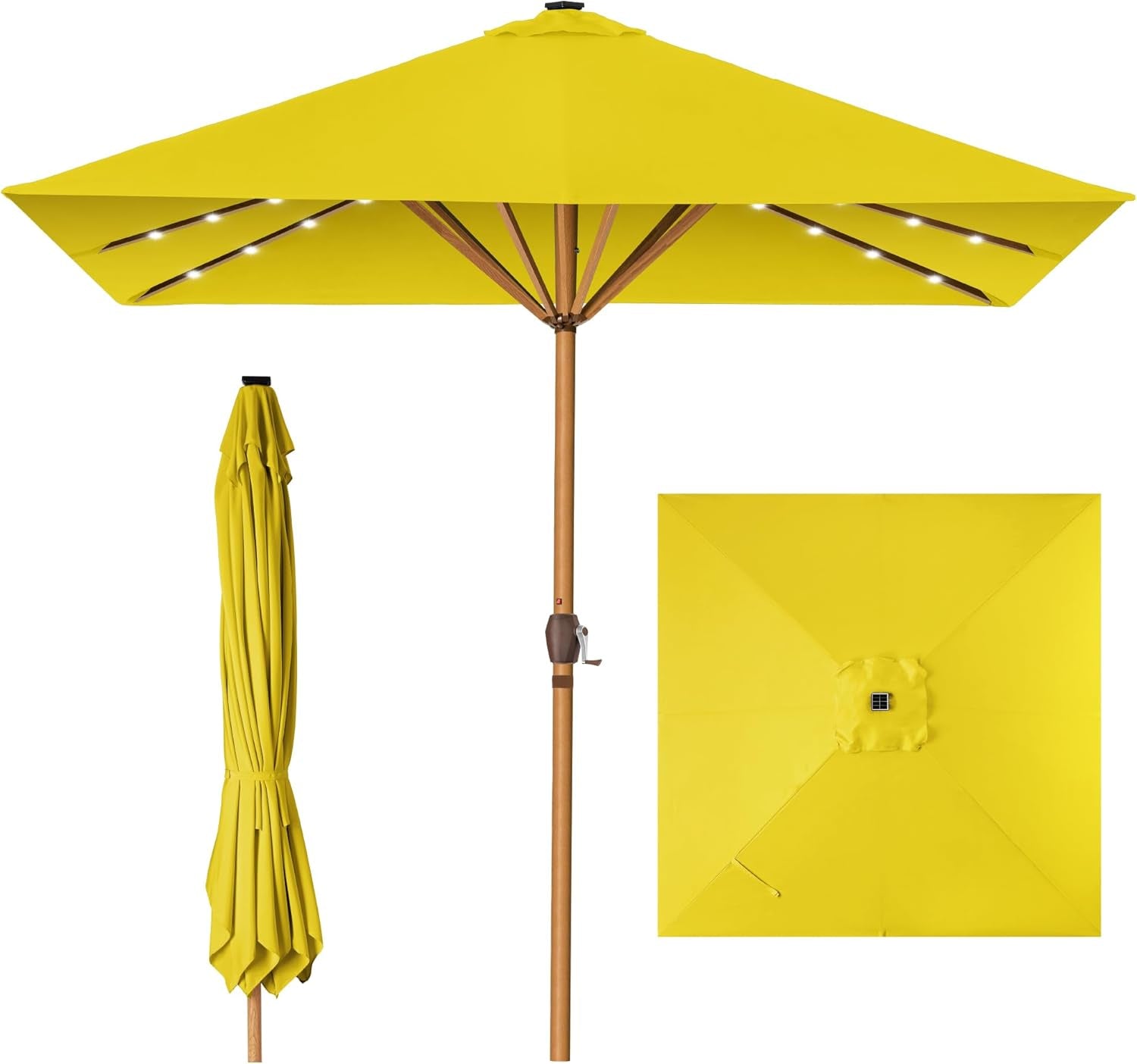 9Ft Deep Square Solar Powered LED Lighted Patio Umbrella W/Faux Wood Texture, Uv-Resistant Fabric, Hand Crank