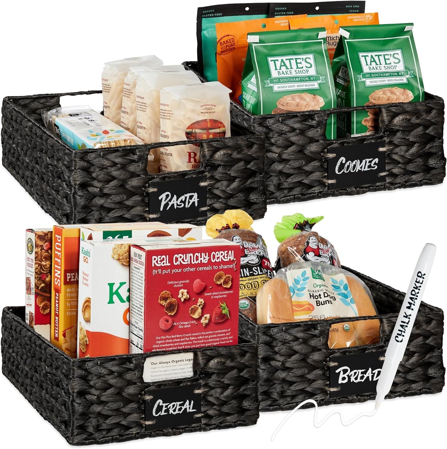 Set of 4 9X12In Water Hyacinth Pantry Baskets, Woven Kitchen Organizers W/Chalkboard Label, Chalk Marker - Natural