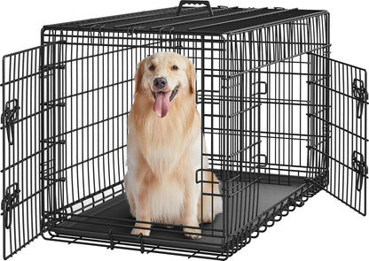 42 Inch Dog Crate Double Door Dog Crate W/Divider for Puppy to Adult XL Collapsible Metal Dog Crate with Removable Tray Wire Dog Kennel Pet Crate for Large Dogs Portable Travel Cage, Black