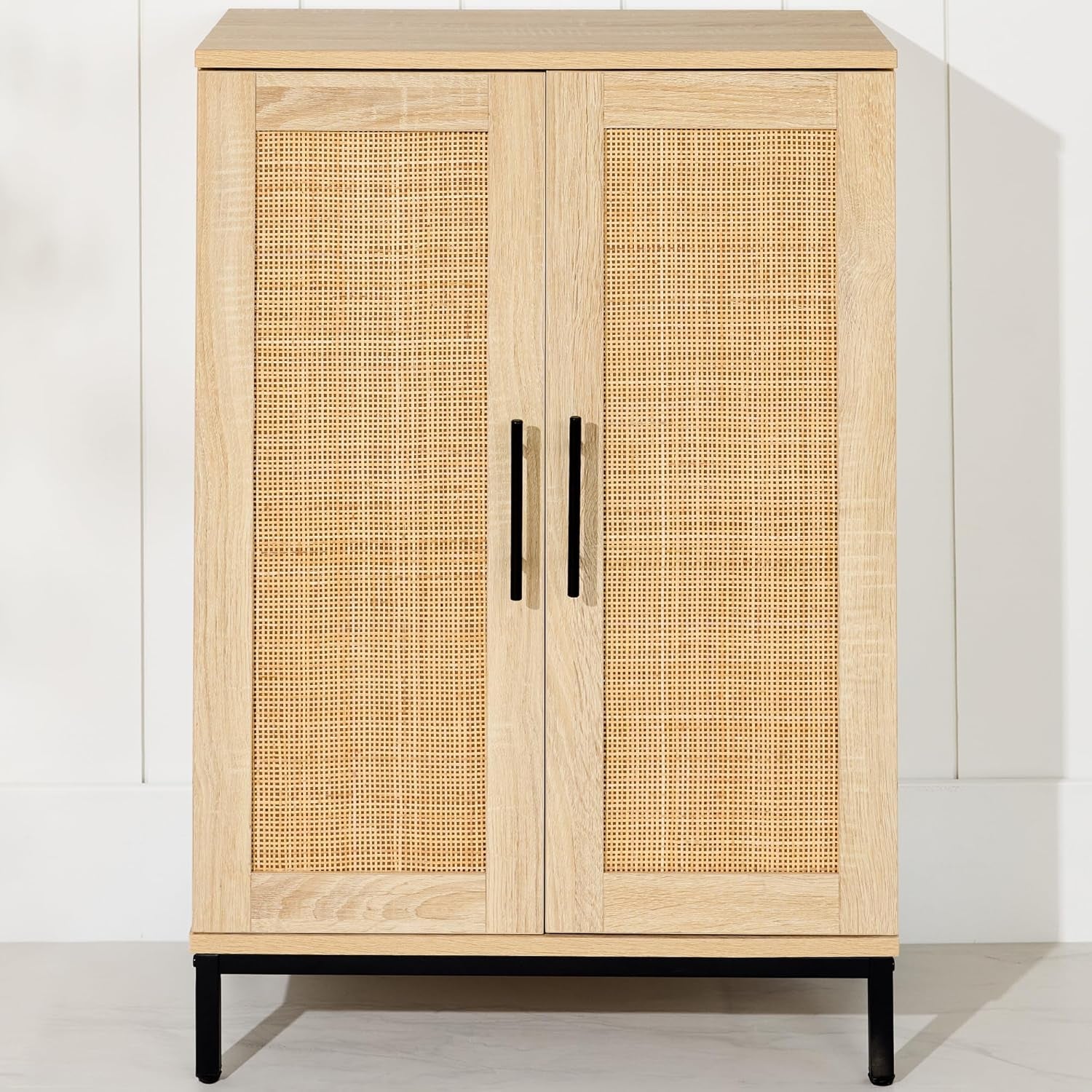 2-Door Natural Rattan 34 X 24In Multiuse Storage Cabinet for Bathroom, Living, Dining Room, Entryway W/Adjustable Shelves