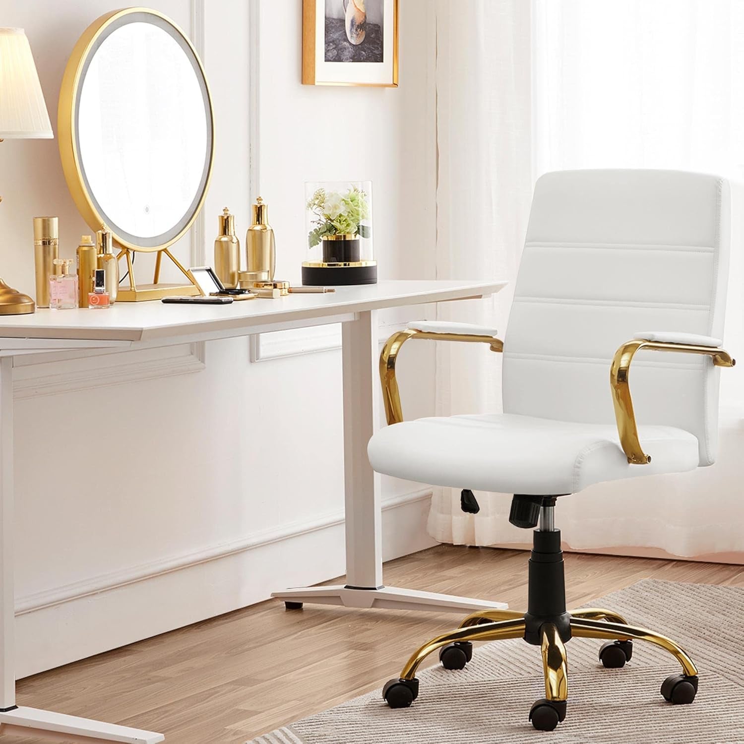 Mid-Back Office Chair PU Leather Desk Chair Adjustable Executive Task Chair W/Lumber Support Gold Leg White Seat