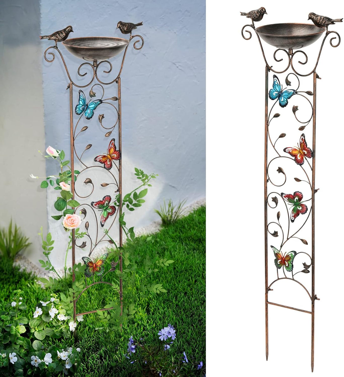 Bird Bath with Trellis Outdoor, Antique Garden Iron Trellis with Decorative Butterflies Detachable Bird Bowl Metal Potted Plants Support for Climbing Flowers