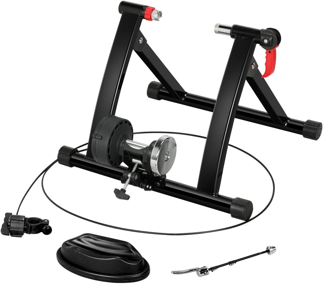 Magnetic Bike Trainer Stand W/ 6 Speed Level Wire Control Adjuster,Noise Reduction,Quick-Release &amp; Front Wheel Riser Resistance Foldable Bicycle Exercise Stand for Mountain &amp; Road Bikes