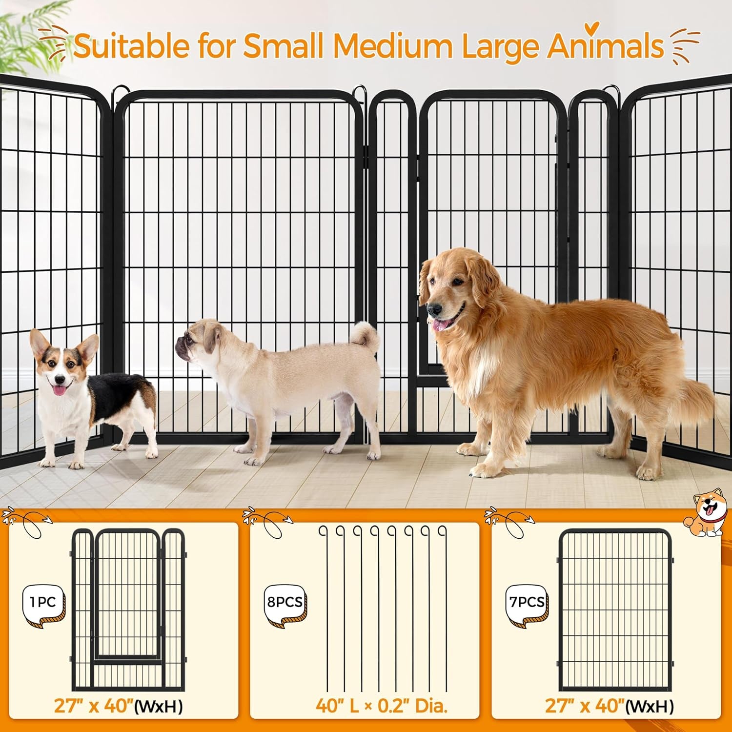 8 Panels Dog Playpen, Metal 40&quot; Dog Fence with Easy-Carry Straps&amp;Stakes Storage Bag for RV Camping Dog Pen Play Pen for Small/Medium/Large Dogs