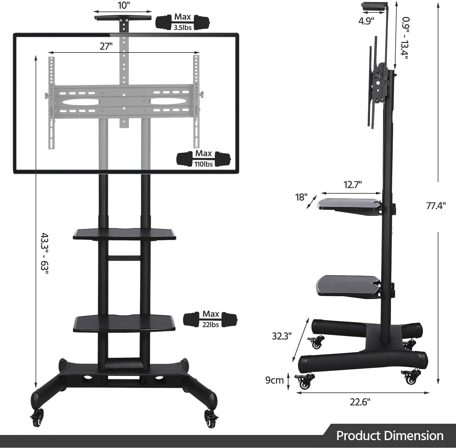 Mobile TV Stand with Wheels, Adjustable Rolling TV Cart for 32 to 75 Inch LCD LED Screen TV W/Storage Shelves and Heavy Duty Base, Holds up to 110 Lbs, Max VESA 600X400Mm