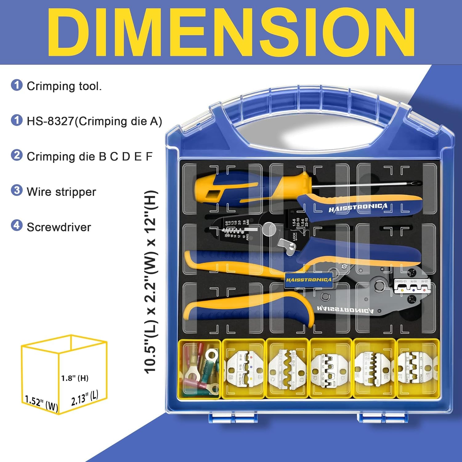 Crimping Tool Set - 6PCS Crimping Die for Heat Shrink,Insulated Nylon,Non-Insulated,Ferrule Wire End,Open Barrel Terminals,Solar Connectors - with Wire Stripper Tool and Screwdriver