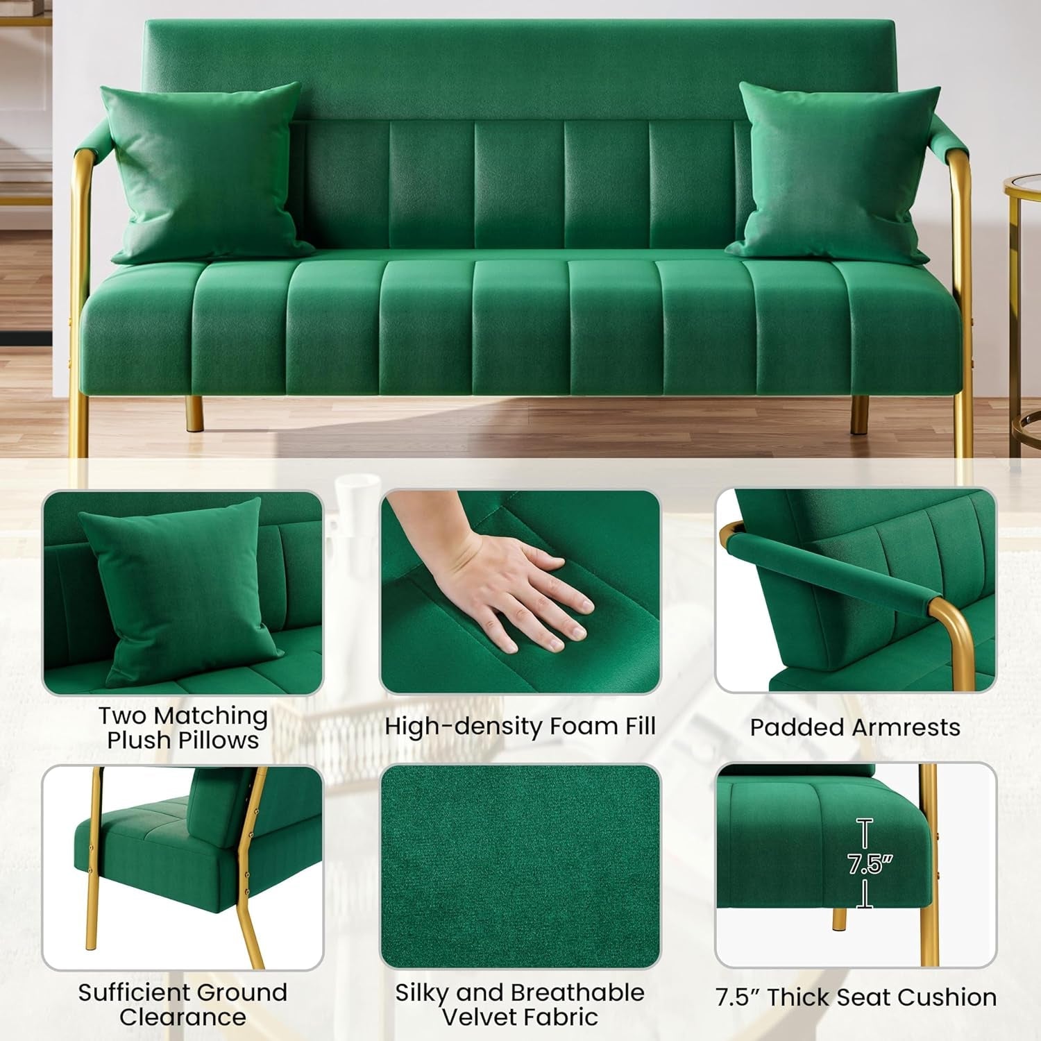 56.5&quot; W Modern Sofa Small Sofa Luxurious Velvet Fabric Couch with Gold-Tone Metal Arms and Legs for Living Room, Home Office, Studio Green