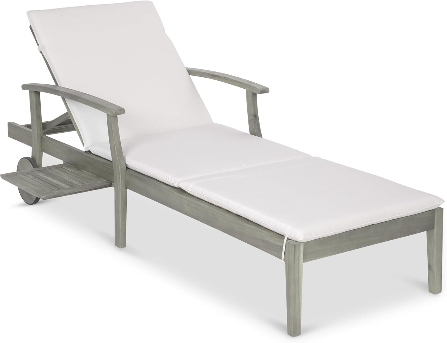 79X26In Acacia Wood Chaise Lounge Chair Recliner, Outdoor Furniture for Patio, Poolside W/Slide-Out Side Table, Foam-Padded Cushion, Adjustable Backrest, Wheels - Cream