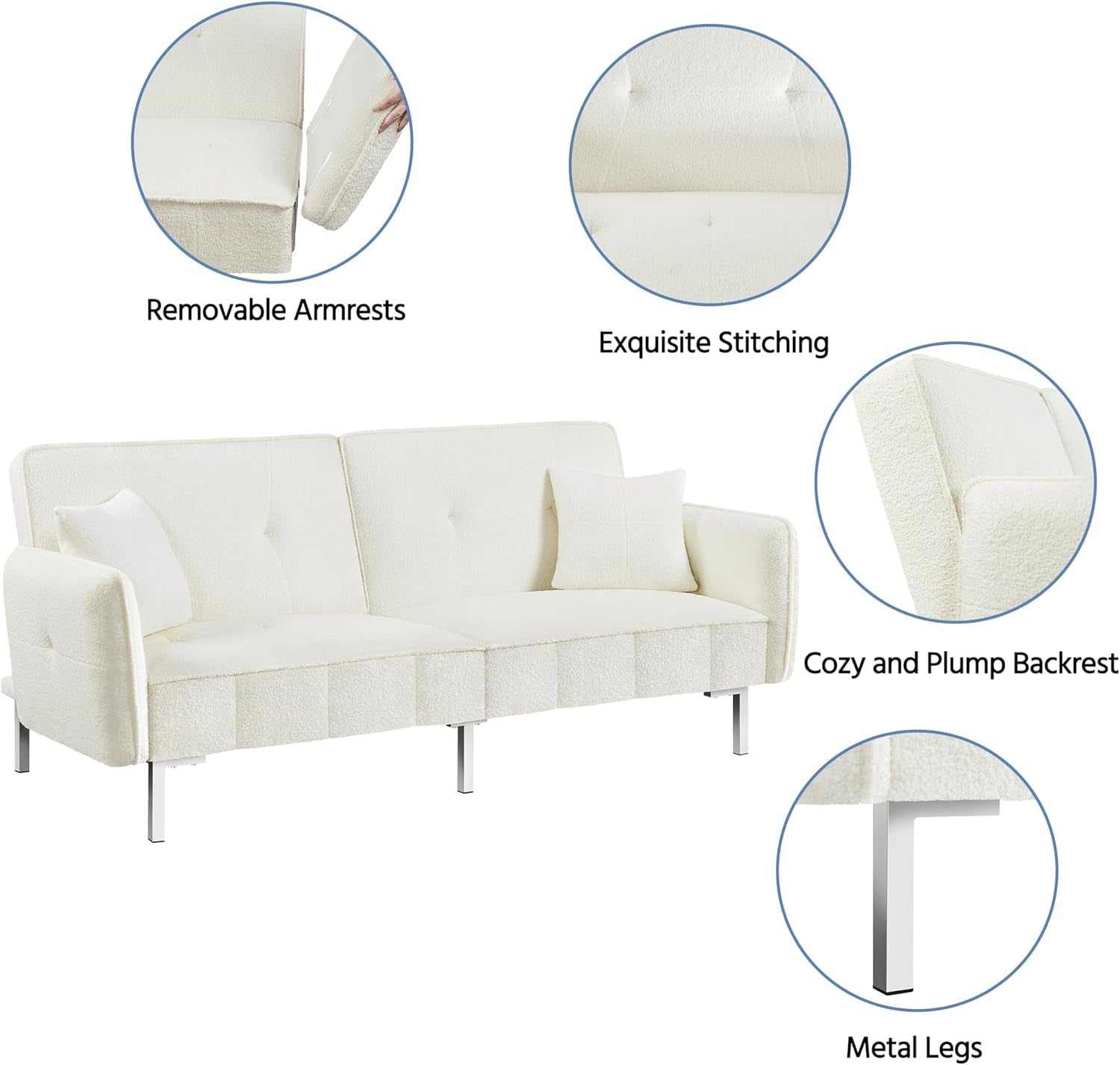 Modern Sofa Bed Convertible Futon with Split-Back Sleeper Bed Recliner Reversible Loveseat Folding Daybed Guest Bed Living Room Furniture, Ivory Bouclé