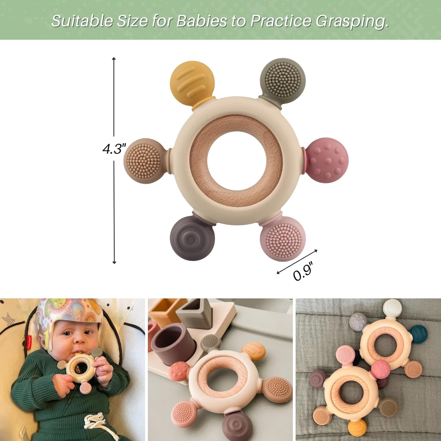 Baby Teething Toys, Silicone Chewable Toys with Organic Wooden Ring for Infants 3+ Months, Silicone Teething Toys for Soothing Sore Gums, Sucking Needs (6 Directions, Khaki)