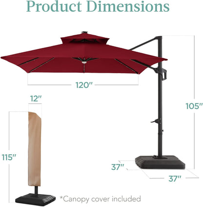 10X10Ft 2-Tier Square Cantilever Patio Umbrella with Solar LED Lights, Offset Hanging Outdoor Sun Shade for Backyard W/Included Fillable Base, 360 Rotation - Burgundy