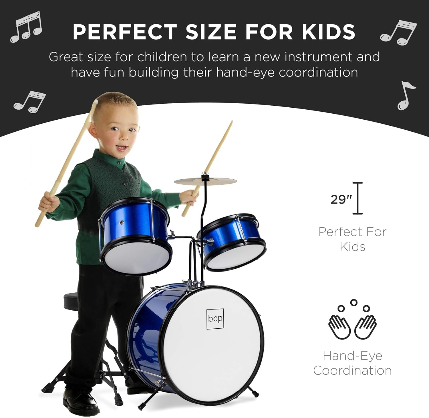 Kids Drum Set 3-Piece Beginner Drum Set Junior Drum Set, W/ Throne Stool, Cymbal, Drum Sticks, Bass Drum Pedal, 2 Toms - Blue