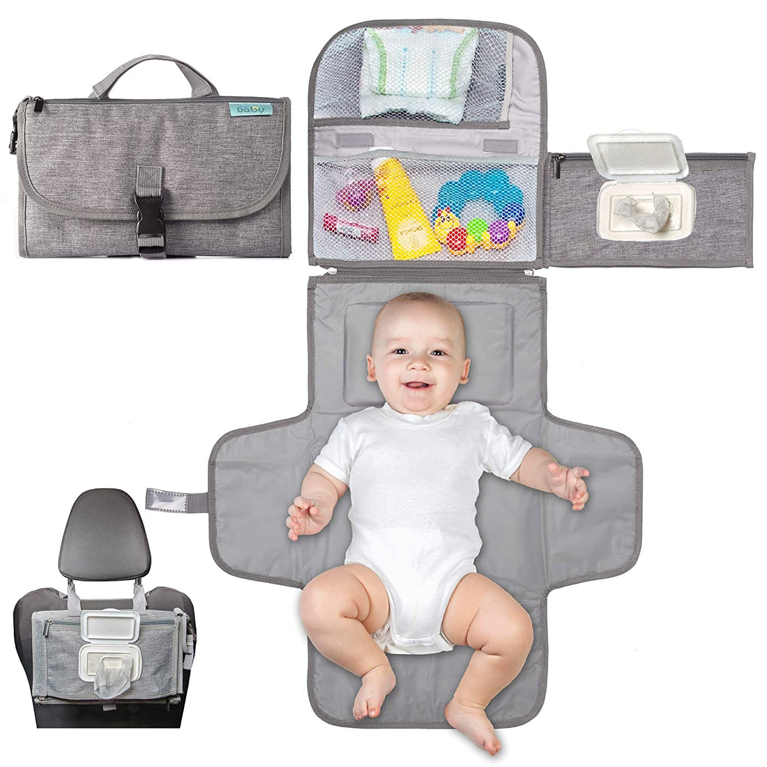 Portable Diaper Changing Pad - Baby Diaper Changer Travel Bag with Wipes Pocket, Smart Design Portable Changing Mat, Infant Travel Station Kit, Gift for Newborn Girl &amp; Boy - Grey, Classic