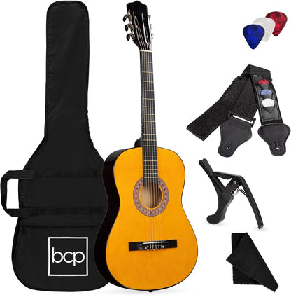 38In Beginner All Wood Acoustic Guitar Starter Kit W/Gig Bag, 6 Celluloid Picks, Nylon Strings, Capo, Cloth, Strap W/Pick Holder - Matte Black