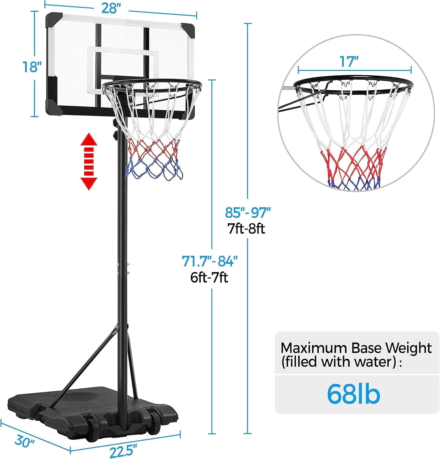 Kids Basketball Hoop Outdoor Portable Basketball Goals Basketball Court Freestanding Basketball Goal Stand 7.4Ft-8.4Ft Height Adjustable for Indoor/Outdoor Sports