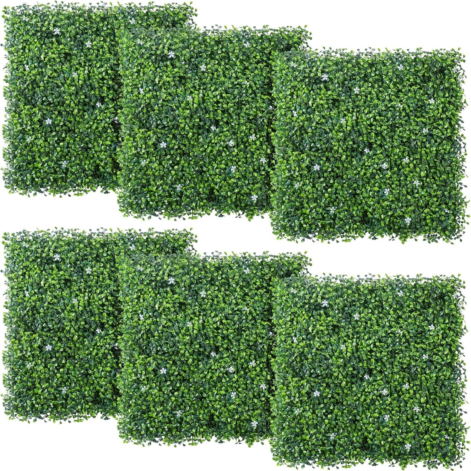 6Pcs 20 X 20 Inch Artificial Boxwood Panels W/Little White Flowers Topiary Hedge Plant Grass Wall UV Protected Privacy Hedge Screen for Garden, Fence, Backyard, Home, Wedding