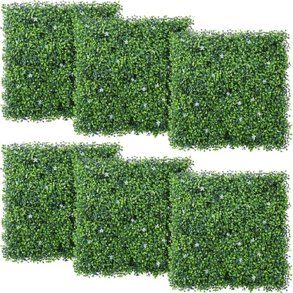 6Pcs 20 X 20 Inch Artificial Boxwood Panels W/Little White Flowers Topiary Hedge Plant Grass Wall UV Protected Privacy Hedge Screen for Garden, Fence, Backyard, Home, Wedding