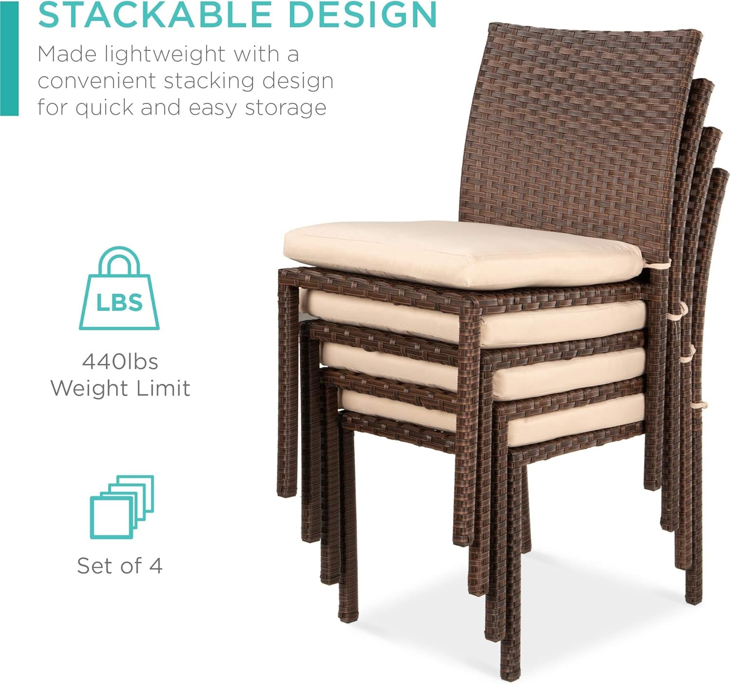 Set of 4 Stackable Outdoor Patio Wicker Chairs W/Cushions, Uv-Resistant Finish, and Steel Frame - Brown/Cream