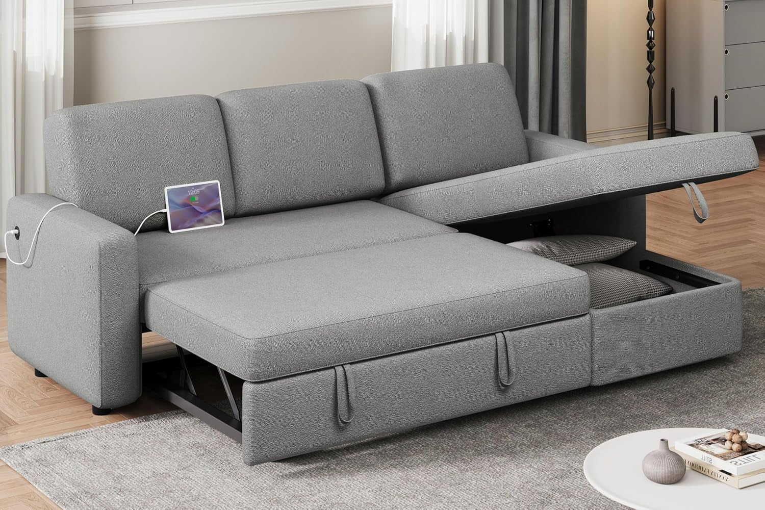 Sectional Sofa L-Shaped Sofa Couch Bed W/Chaise &amp; USB, Reversible Couch Sleeper W/Pull Out Bed &amp; Storage Space, 4-Seat Fabric Convertible Sofa, Pull Out Couch Light Gray