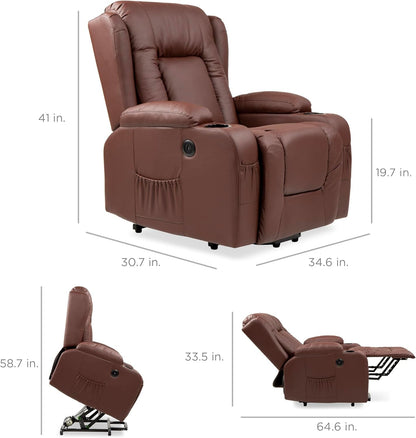 PU Leather Electric Power Lift Chair, Recliner Massage Chair, Adjustable Furniture for Back, Legs W/ 3 Positions, USB Port, Heat, Cupholders, Easy-To-Reach Side Button - Brown