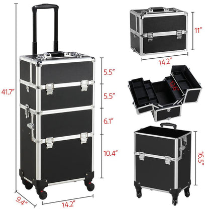 Rolling Makeup Train Case 3 in 1 Cosmetic Makeup Case Large Aluminum Trolley Makeup Travel Case Professional Rolling Cosmetic Beauty Storage, with 360° Swivel Wheels, Black