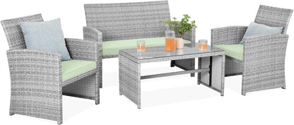 4-Piece Outdoor Wicker Patio Conversation Furniture Set for Backyard W/Coffee Table, Seat Cushions - Gray/Navy