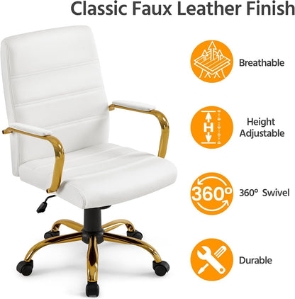 Mid-Back Office Chair PU Leather Desk Chair Adjustable Executive Task Chair W/Lumber Support Gold Leg White Seat