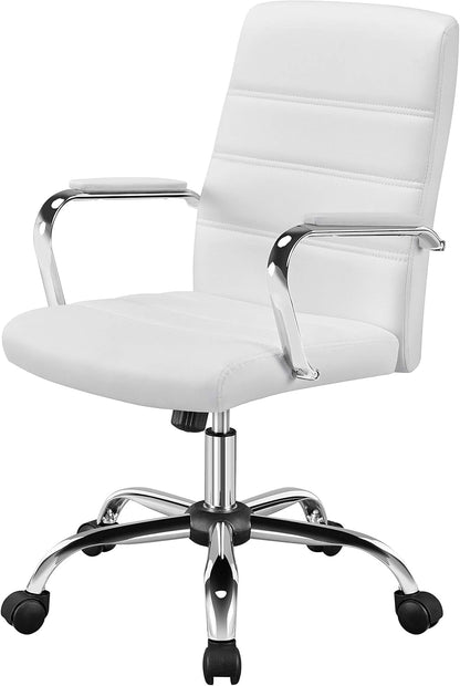 Office Desk Chair Mid-Back Leather Computer Chair Height Adjustable Ergonomic Executive Chair W/Lumbar Support Comfy Thick Padded Armrests and Seat, White