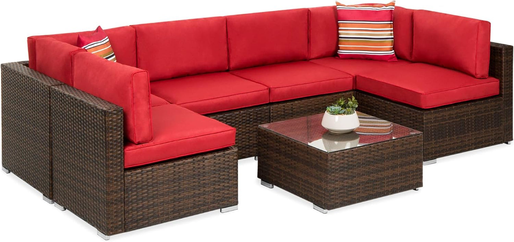 7-Piece Modular Outdoor Sectional Wicker Patio Conversation Set W/ 2 Pillows, Coffee Table, Cover Included - Gray/Navy