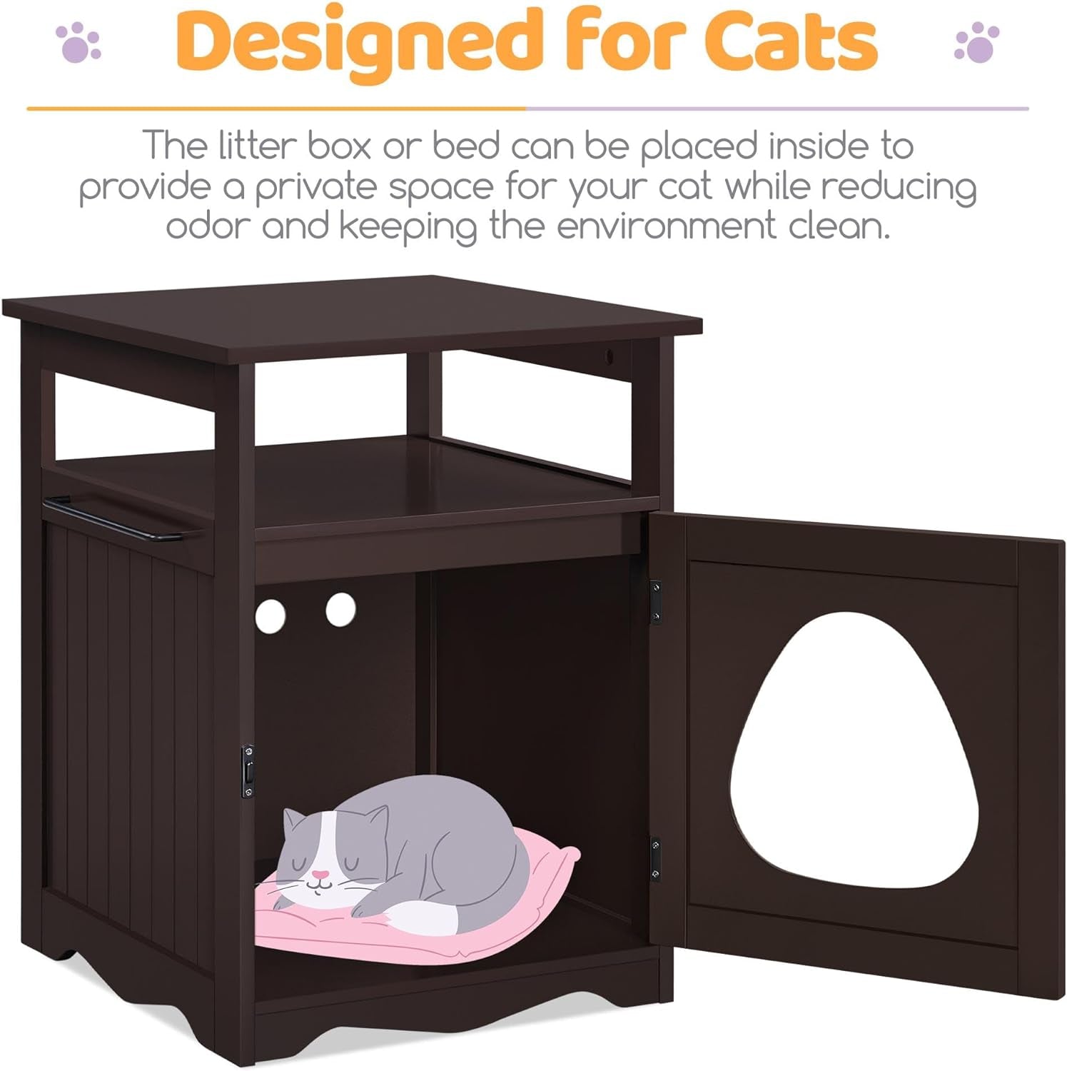 Cat Litter Box Enclosure, Hidden Litter Box Furniture with Open Shelf, Indoor Cat Washroom, Storage Cabinet Pet Crate, Side End Table, Wooden Pet House Espresso