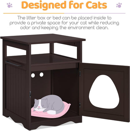 Cat Litter Box Enclosure, Hidden Litter Box Furniture with Open Shelf, Indoor Cat Washroom, Storage Cabinet Pet Crate, Side End Table, Wooden Pet House Espresso