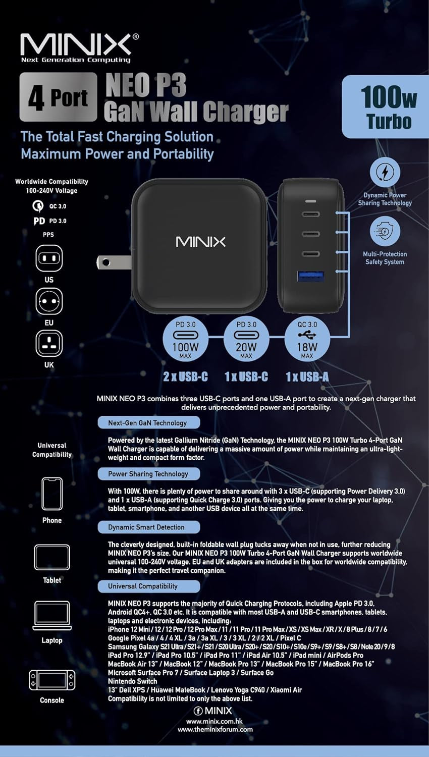 NEO P3 100W Turbo 4-Ports Gan Wall Charger, 3 X USB-C Port Fast Charging Adapter(Max 100W/20W), 1 USB-A (Max 18W). Compatible with Macbook Pro Air, Ipad Pro, Iphone 14,Galaxy S9 and More.