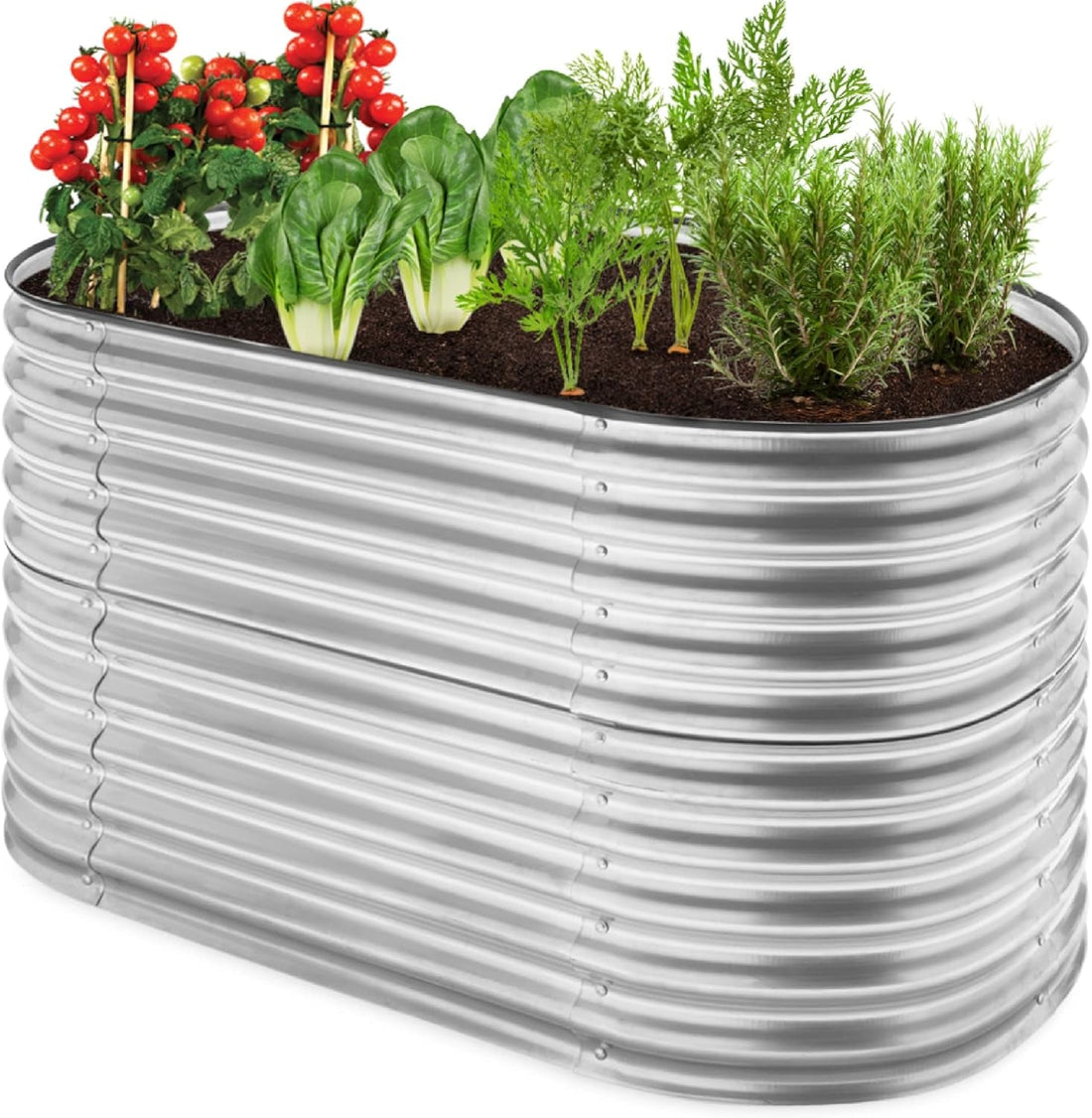 63In Oval Metal Raised Garden Bed, Customizable Outdoor Deep Root Backyard Planter, Stackable Design for Gardening, Vegetables, Flowers, Herbs W/ 275 Gallon Capacity - Silver