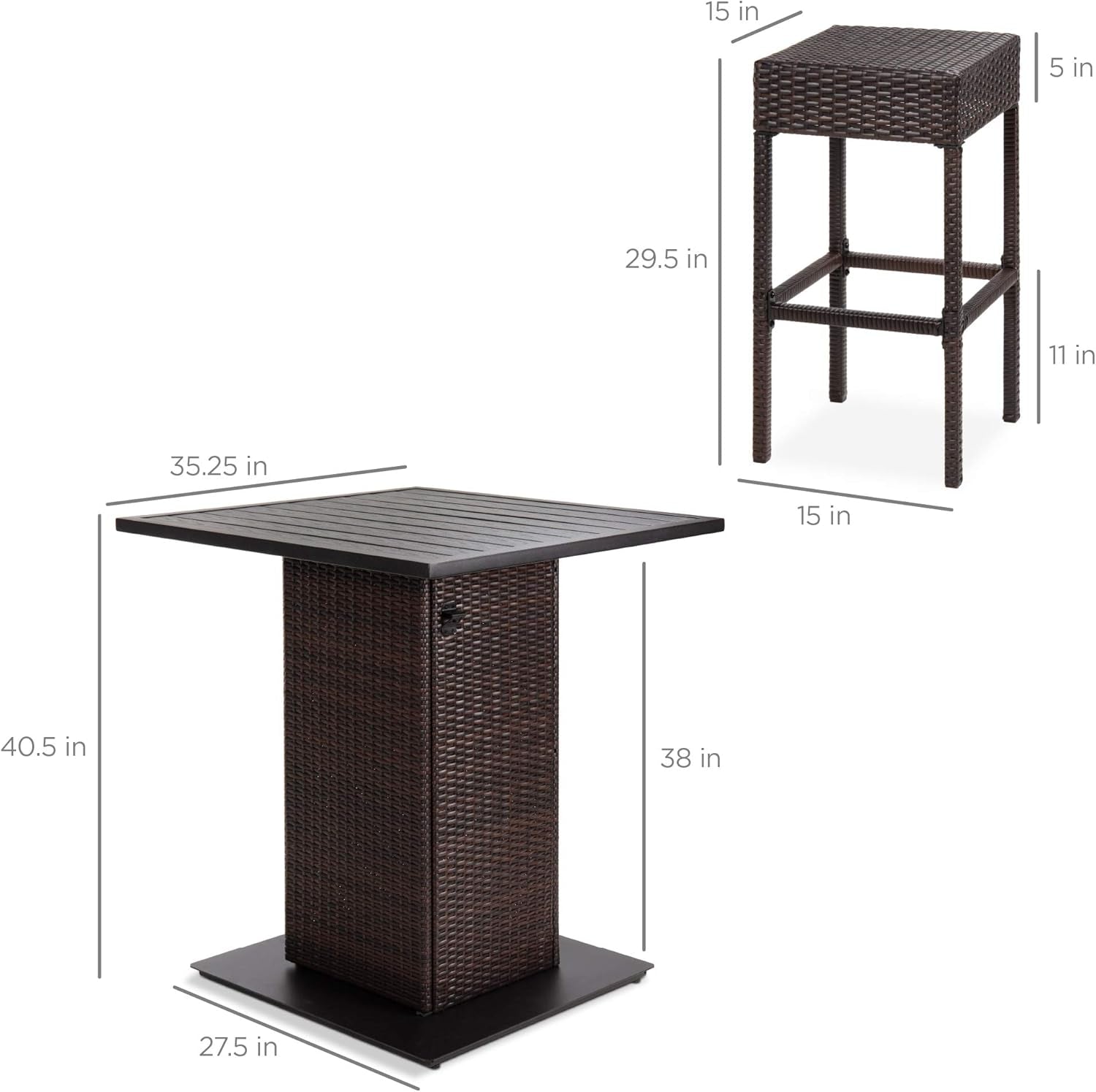 5-Piece Outdoor Wicker Bar Table Set for Patio, Poolside, Backyard W/Built-In Bottle Opener, Hidden Storage Shelf, Metal Tabletop, 4 Stools - Brown