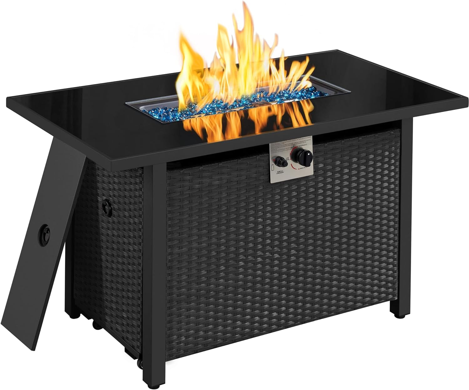 43 in Propane Fire Pit 50,000 BTU Outdoor Gas Fire Pit Table with Tempered Glass Tabletop and Rattan Wicker Base, Rectangle Fire Table for Patio Deck Party Gathering W/Rain Cover, Brown