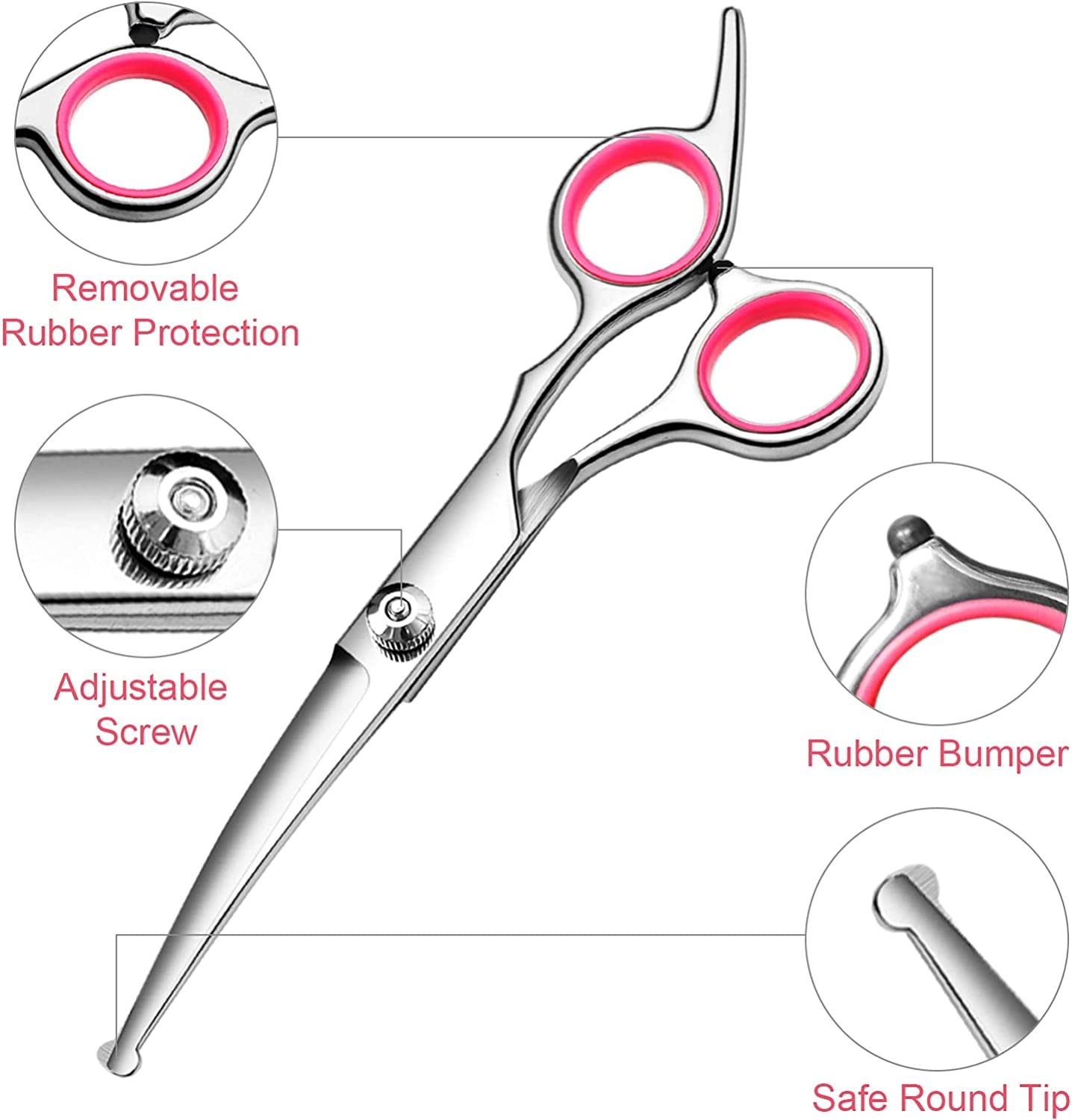 Dog Grooming Scissors with Safety round Tips Stainless Steel Professional Dog Grooming Kit - Thinning, Curved Scissors and Comb for Dog Cat Pet (Pink 4 in 1)