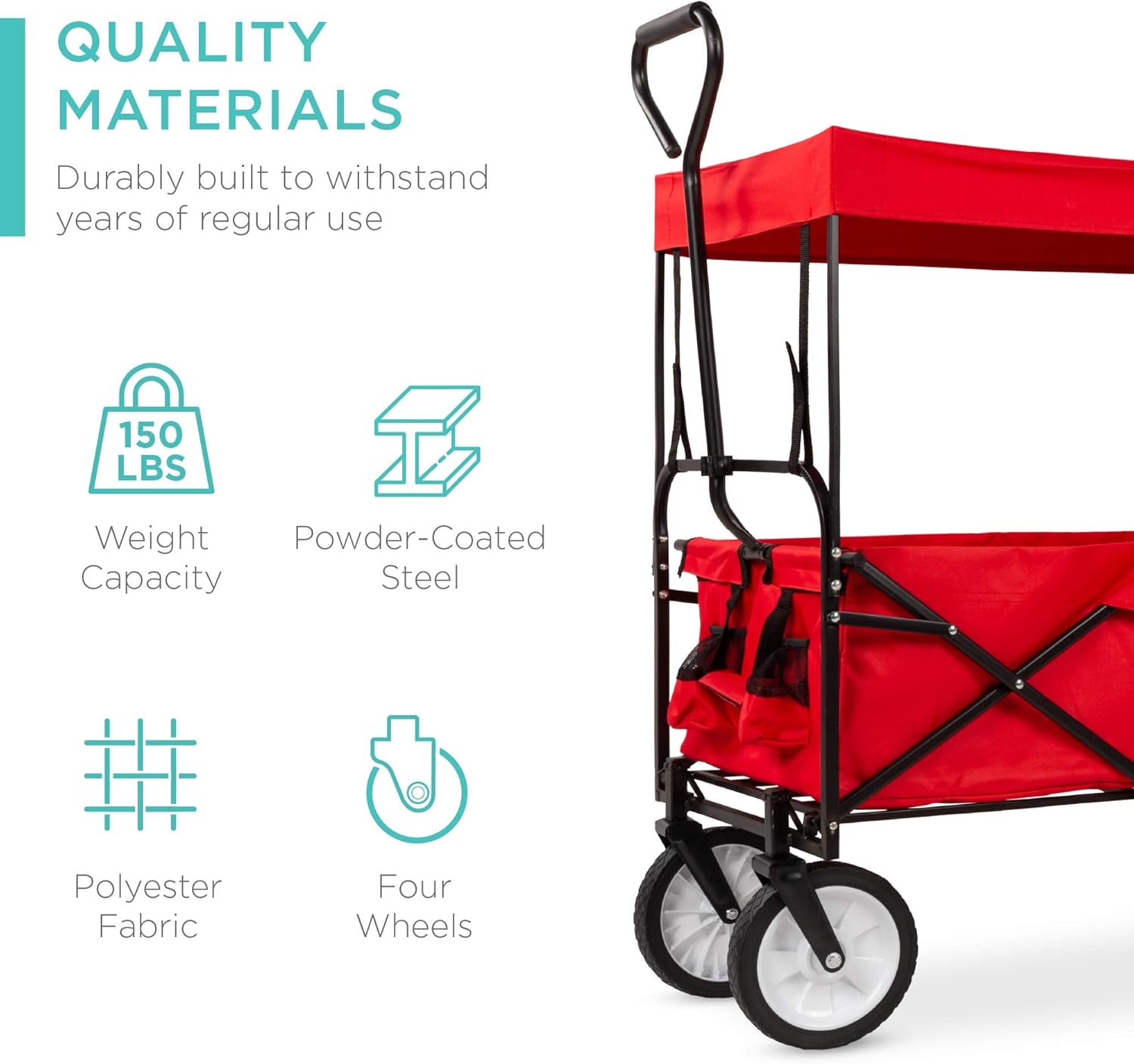 Collapsible Folding Outdoor Utility Wagon with Canopy Garden Cart for Beach, Picnic, Camping, Tailgates W/Removable Canopy, Detachable Pockets, 150Lb Weight Capacity - Red