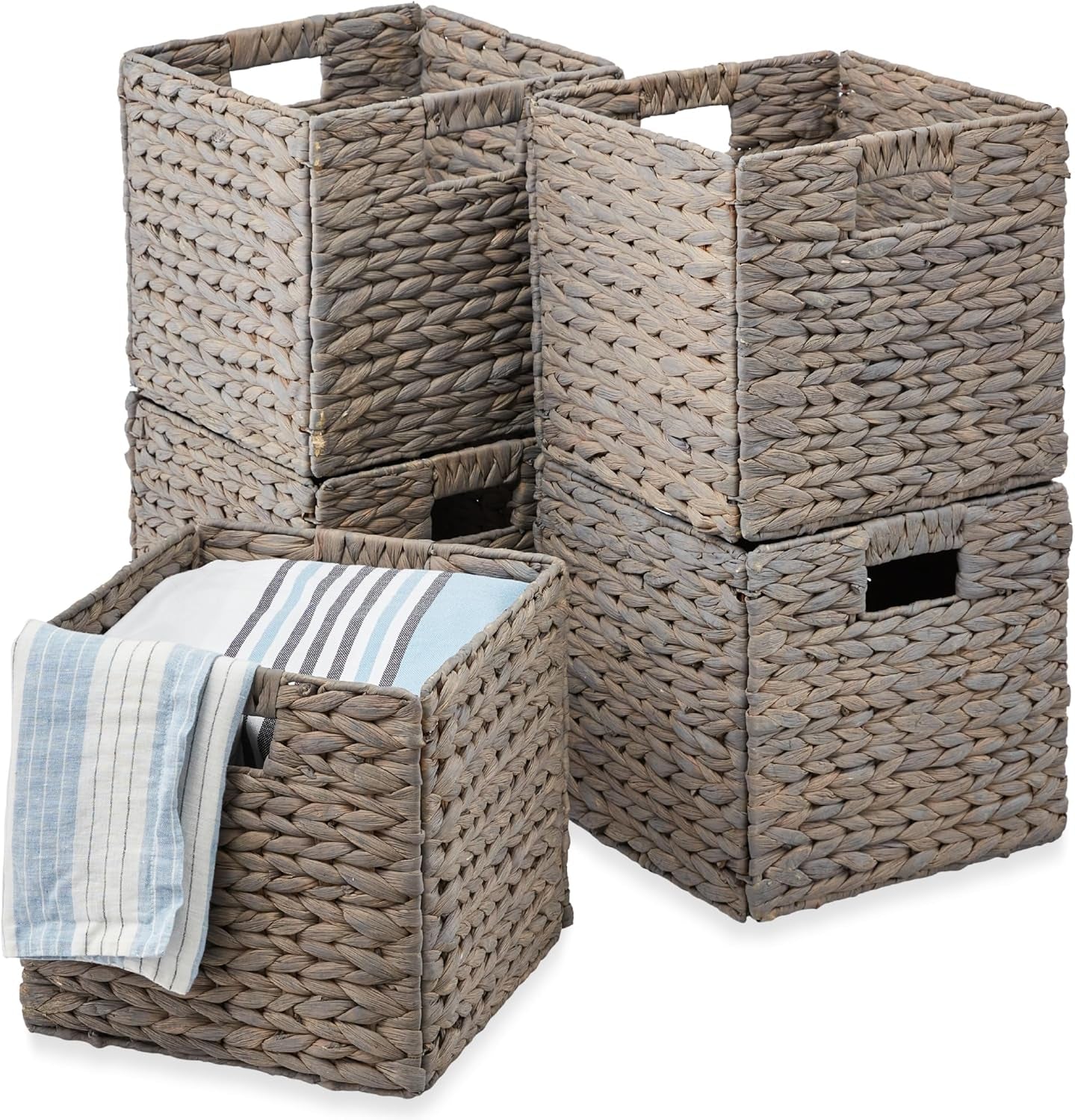 10.5X10.5In Hyacinth Baskets, Rustic Set of 5 Multipurpose Collapsible Storage Organizer, Handwoven Laundry Totes for Bedroom, Living Room, Shelves - Brown