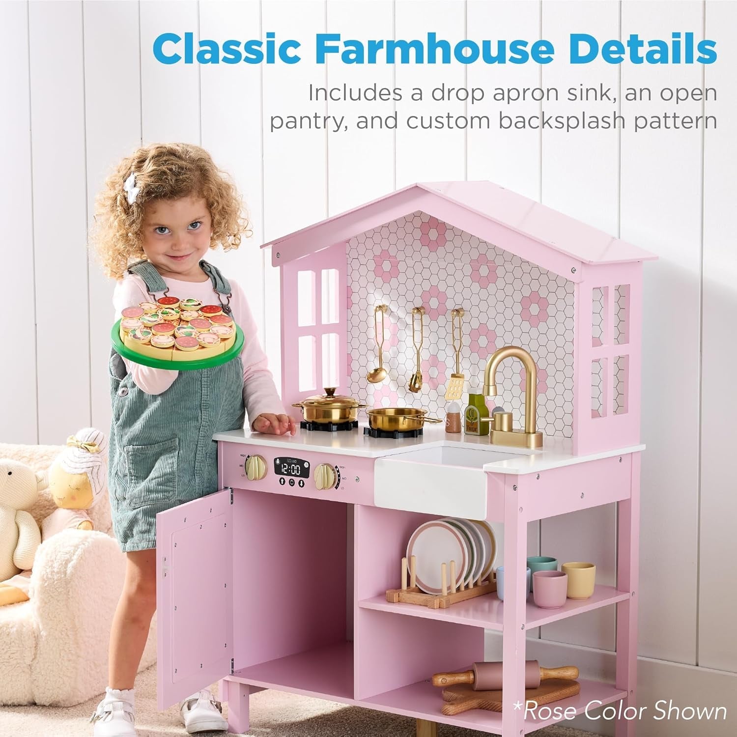 Pretend Play Wooden Farmhouse Kitchen Set for Kids W/ Toy Storage, Clicking Knobs, Windows, 5 Accessories Included - Sage