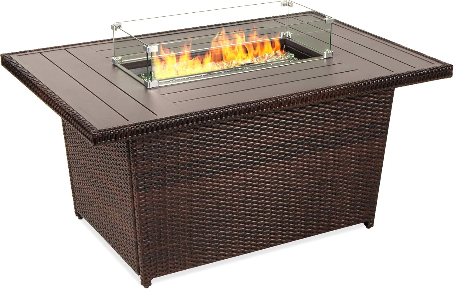 52In 50,000 BTU Outdoor Wicker Patio Propane Gas Fire Pit Table W/Aluminum Tabletop, Glass Wind Guard, Clear Glass Rocks, Cover, Slide Out Tank Holder, and Lid - Gray