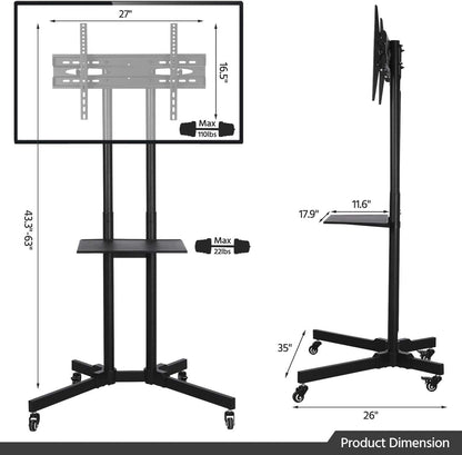 Mobile TV Stand with Wheels for 32-75 Inch LCD LED Screens Tvs, Height-Adjustable Rolling TV Cart Hold up to 110 Lbs, Trolley Floor Stand W/Tray, Max VESA 600X400Mm