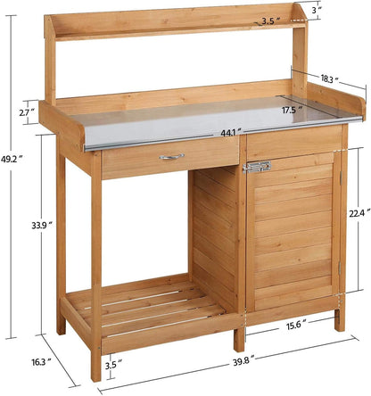 Outdoor Garden Potting Bench Table Work Bench Metal Tabletop W/Cabinet Drawer Open Shelf Natural Wood