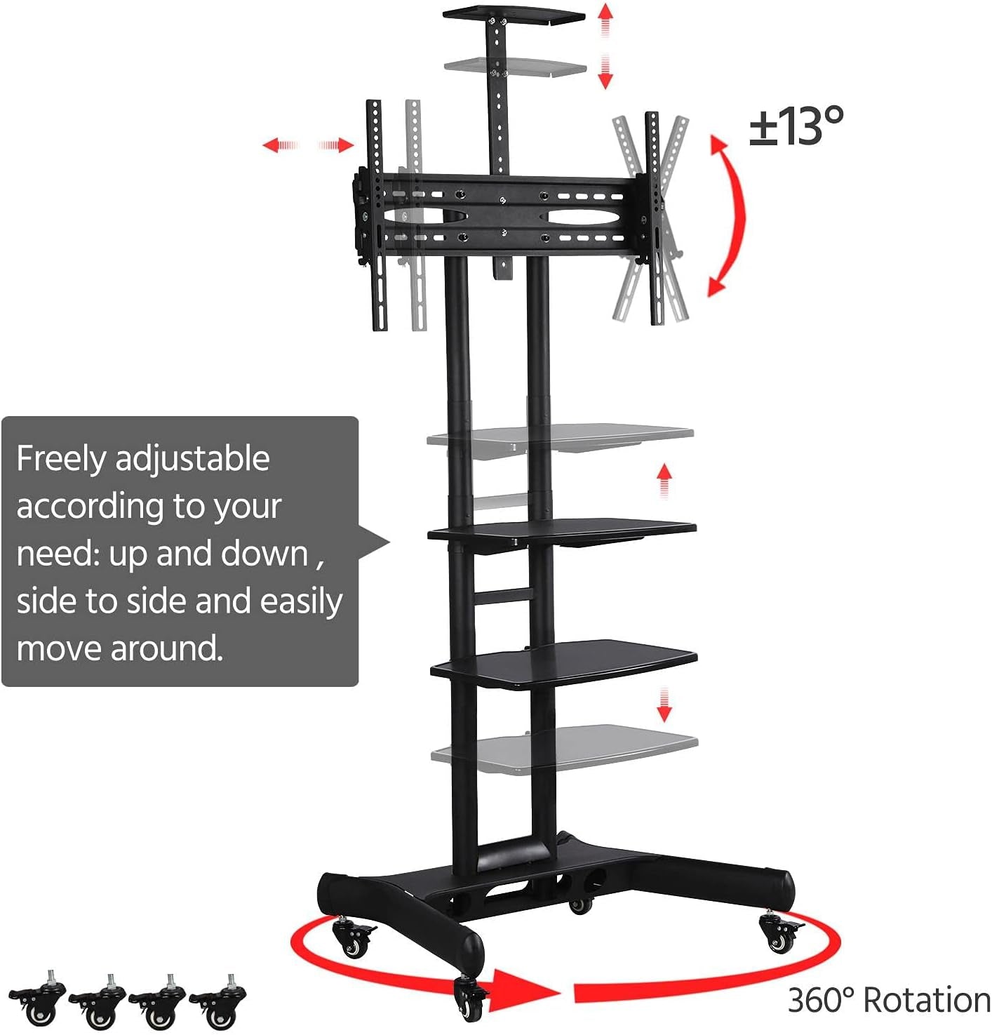 Mobile TV Stand with Wheels, Adjustable Rolling TV Cart for 32 to 75 Inch LCD LED Screen TV W/Storage Shelves and Heavy Duty Base, Holds up to 110 Lbs, Max VESA 600X400Mm