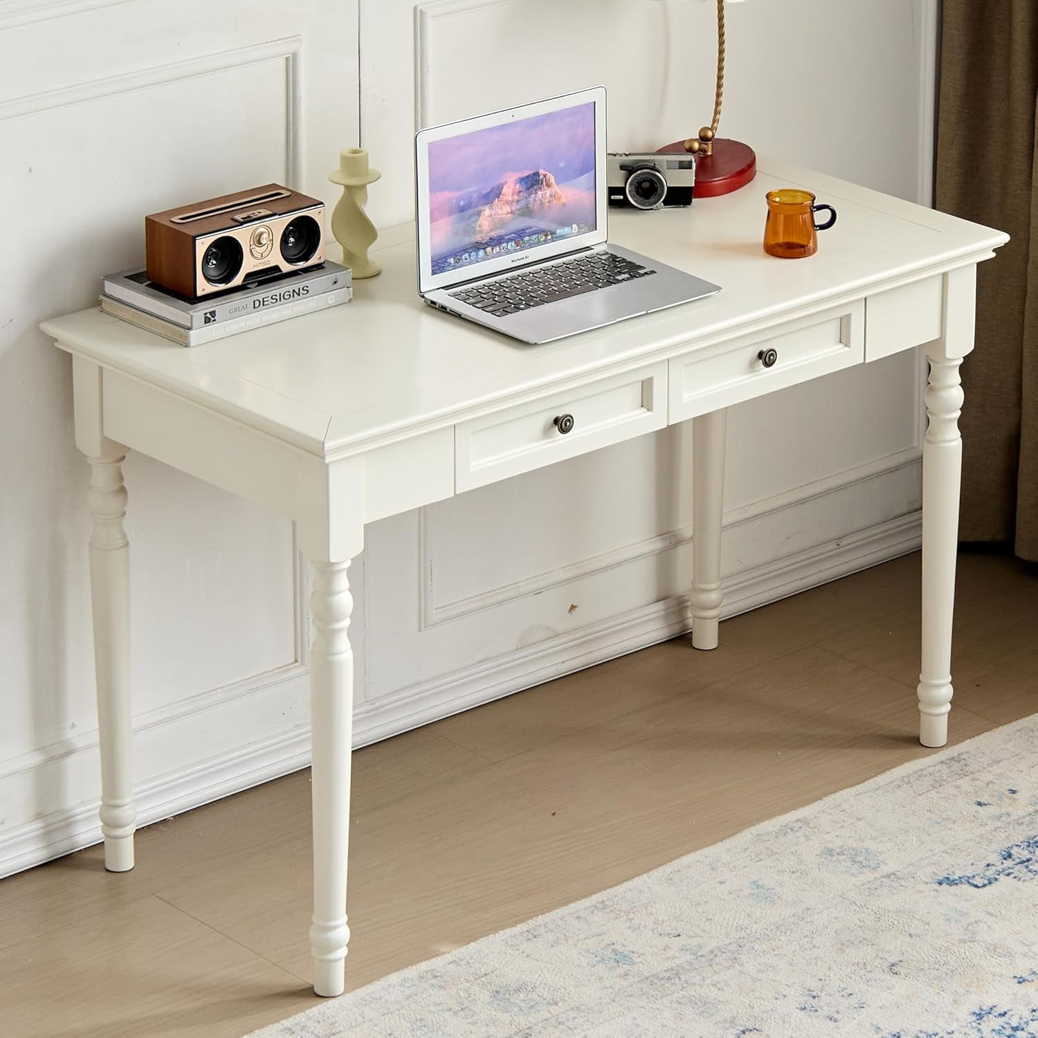 French Country Desk, 47” Farmhouse Computer Table for Home Office Desks, Solid Wood Living Room Study or Workspace Furniture, French Country Style (White)