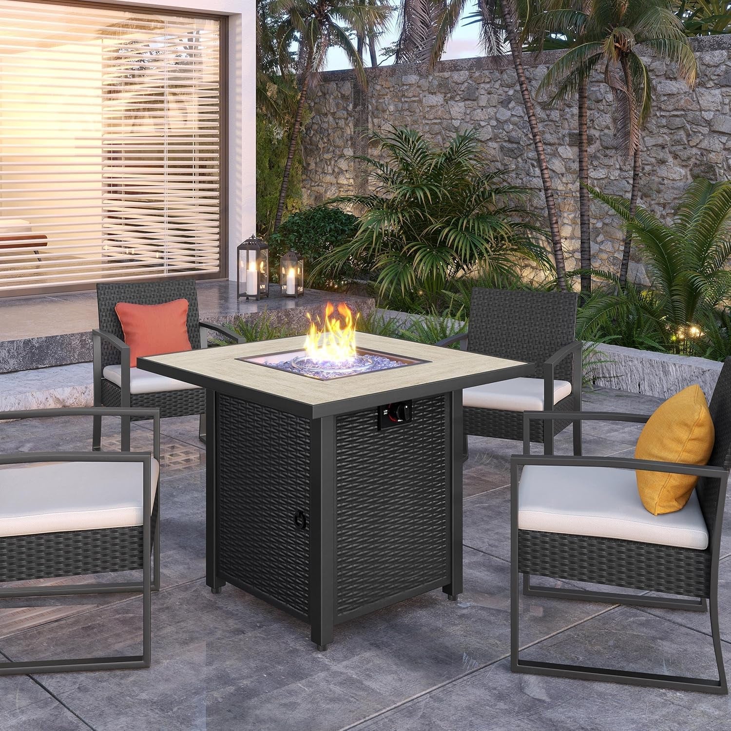 30&quot; Propane Gas Fire Pit Table 50,000 BTU Square Gas Fire Table with Ceramic Tabletop and Blue Fire Glass for Outdoor/Patio with Rattan Pattern Steel Base/Lid, Black